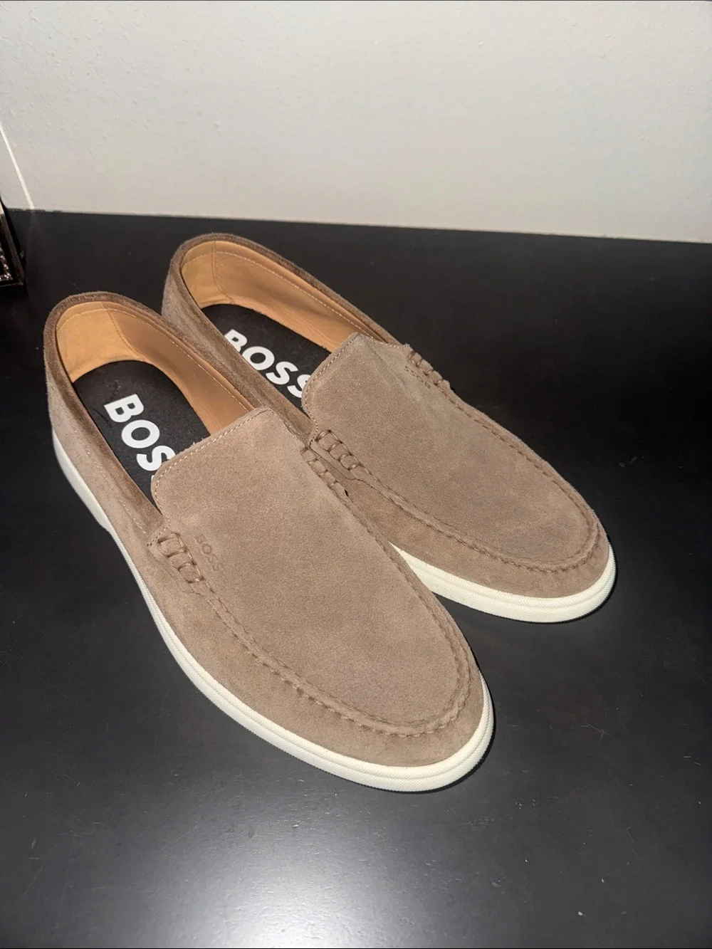 BOSS Men's Suede Slip-On Loafers in Taupe